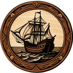 The Magellan badge, a carved wooden medallion with a sailing ship.