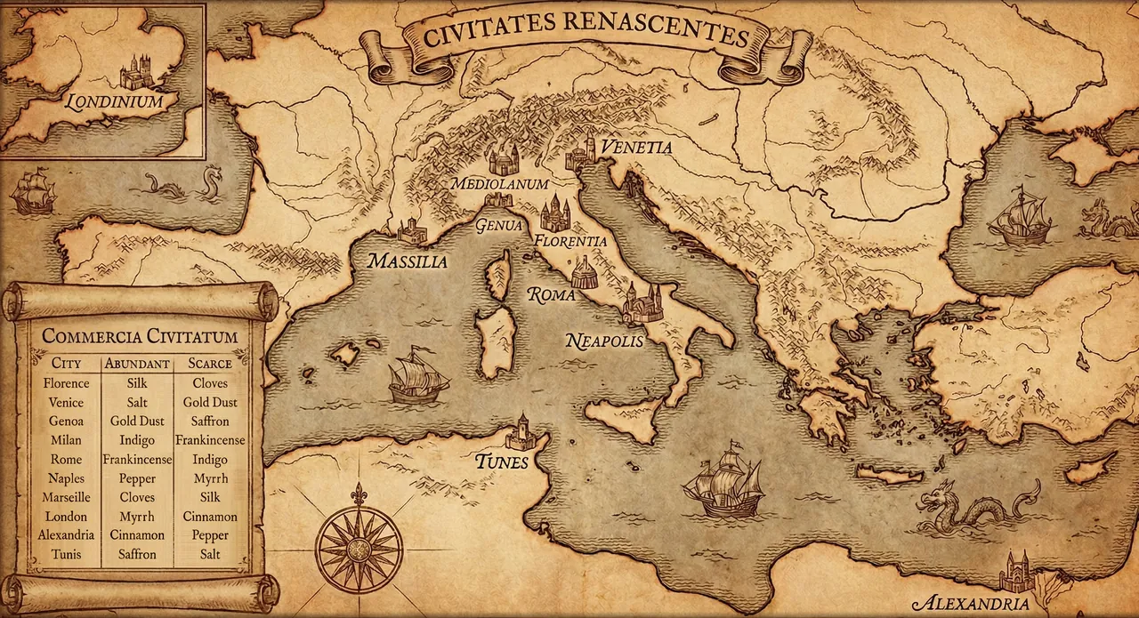The game's map: an antique-style chart of the Mediterranean marking Venice, Florence, Genoa, Milan, Rome, Naples, Marseille, Tunis, Alexandria and London, with a scroll listing what each city has in abundance and what it lacks.