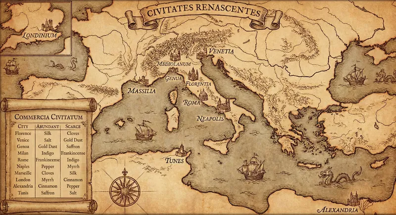 The Traders of Venice map: an antique-style chart of the Mediterranean with the game's ten trading cities marked.