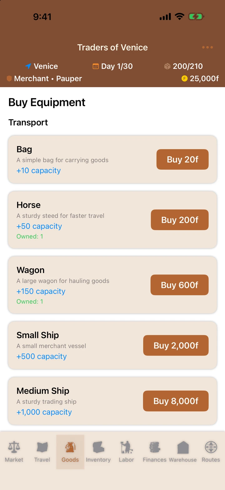 The equipment screen on iPhone, listing a bag, a horse, a wagon, a small ship and a medium ship with their capacities and prices in florins.