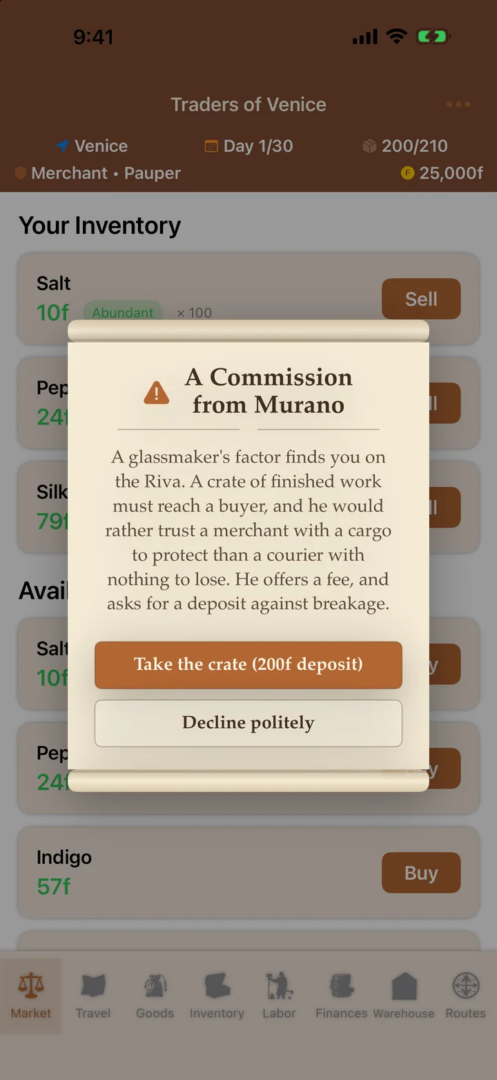A travel event on iPhone, shown as a parchment scroll over the market screen. Title: A Commission from Murano. Text: A glassmaker's factor finds you on the Riva. A crate of finished work must reach a buyer, and he would rather trust a merchant with a cargo to protect than a courier with nothing to lose. He offers a fee, and asks for a deposit against breakage. Two choices: Take the crate (200f deposit), or Decline politely.