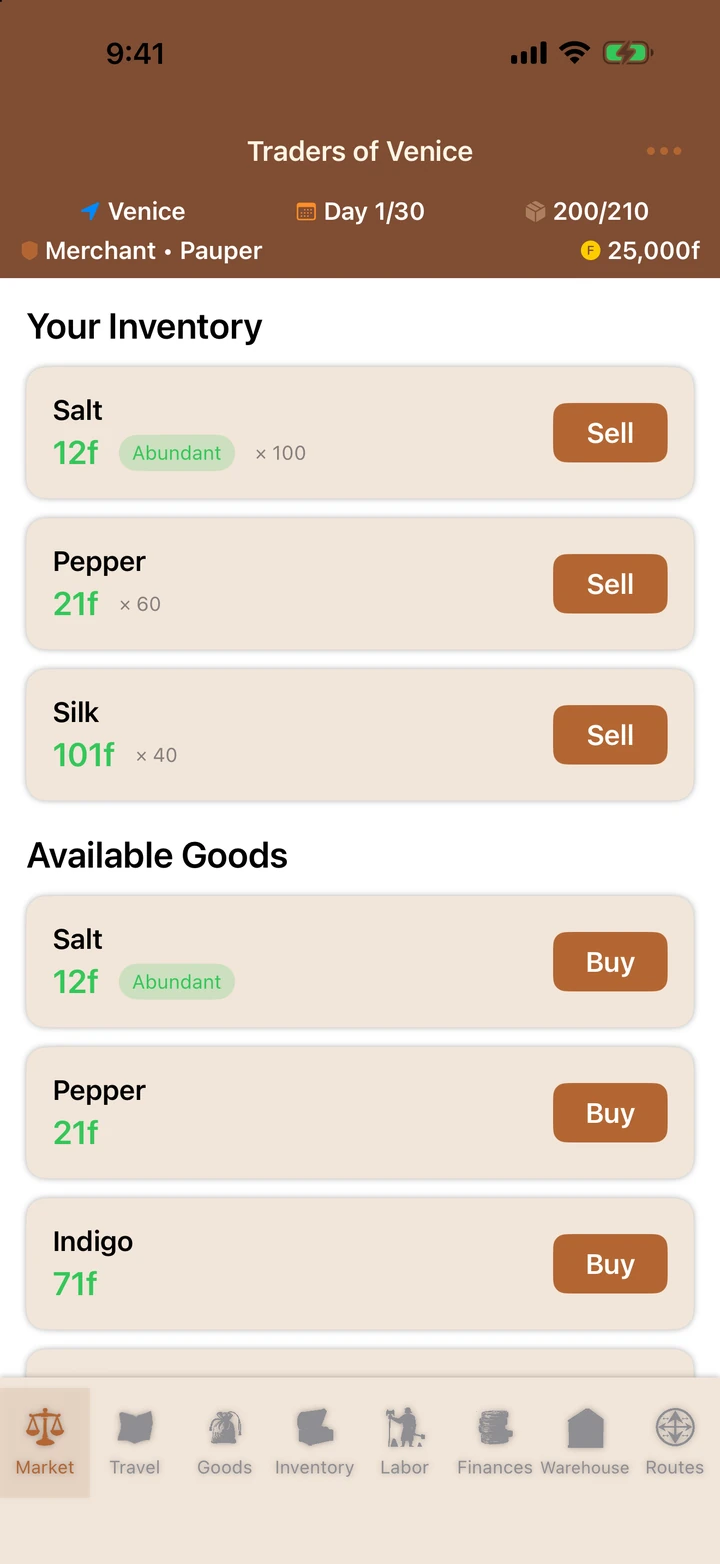The market screen in Venice on iPhone, showing the player's salt, pepper and silk with Sell buttons and goods for sale with Buy buttons.