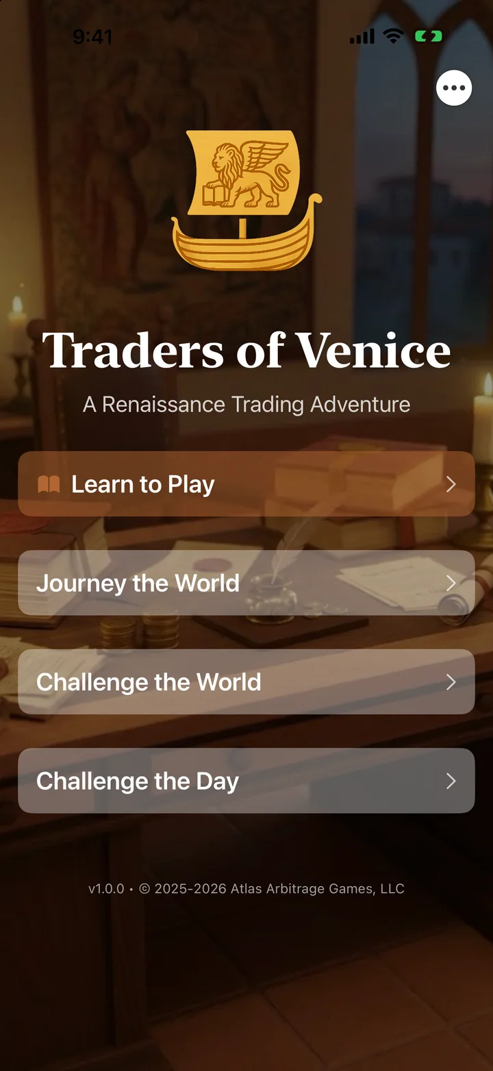 The welcome screen on iPhone, with buttons for Learn to Play, Journey the World, Challenge the World and Challenge the Day.