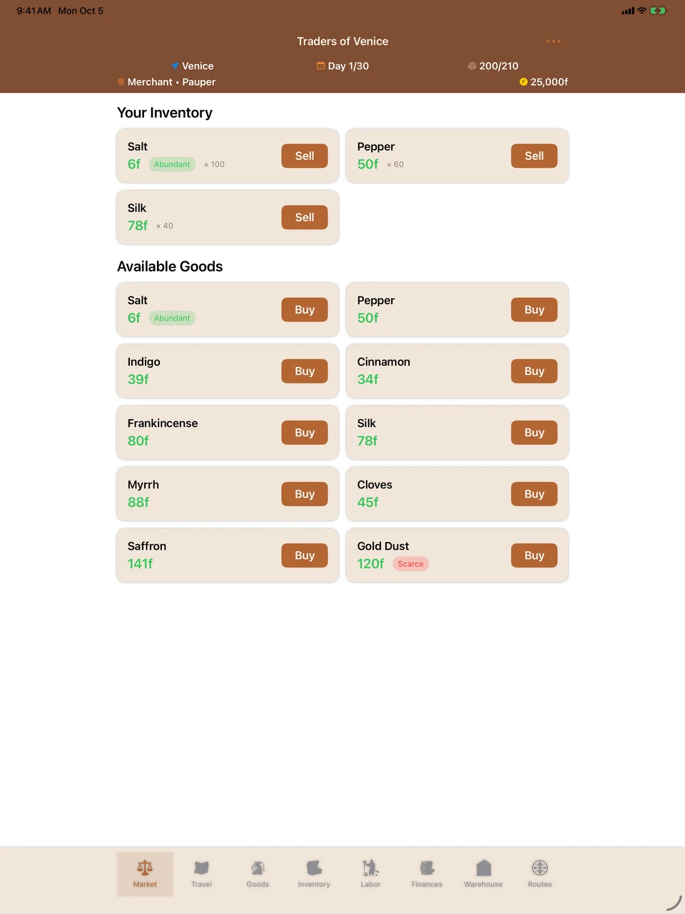 The market screen in Venice on iPad, listing all ten goods with prices. Salt is tagged Abundant and gold dust is tagged Scarce.