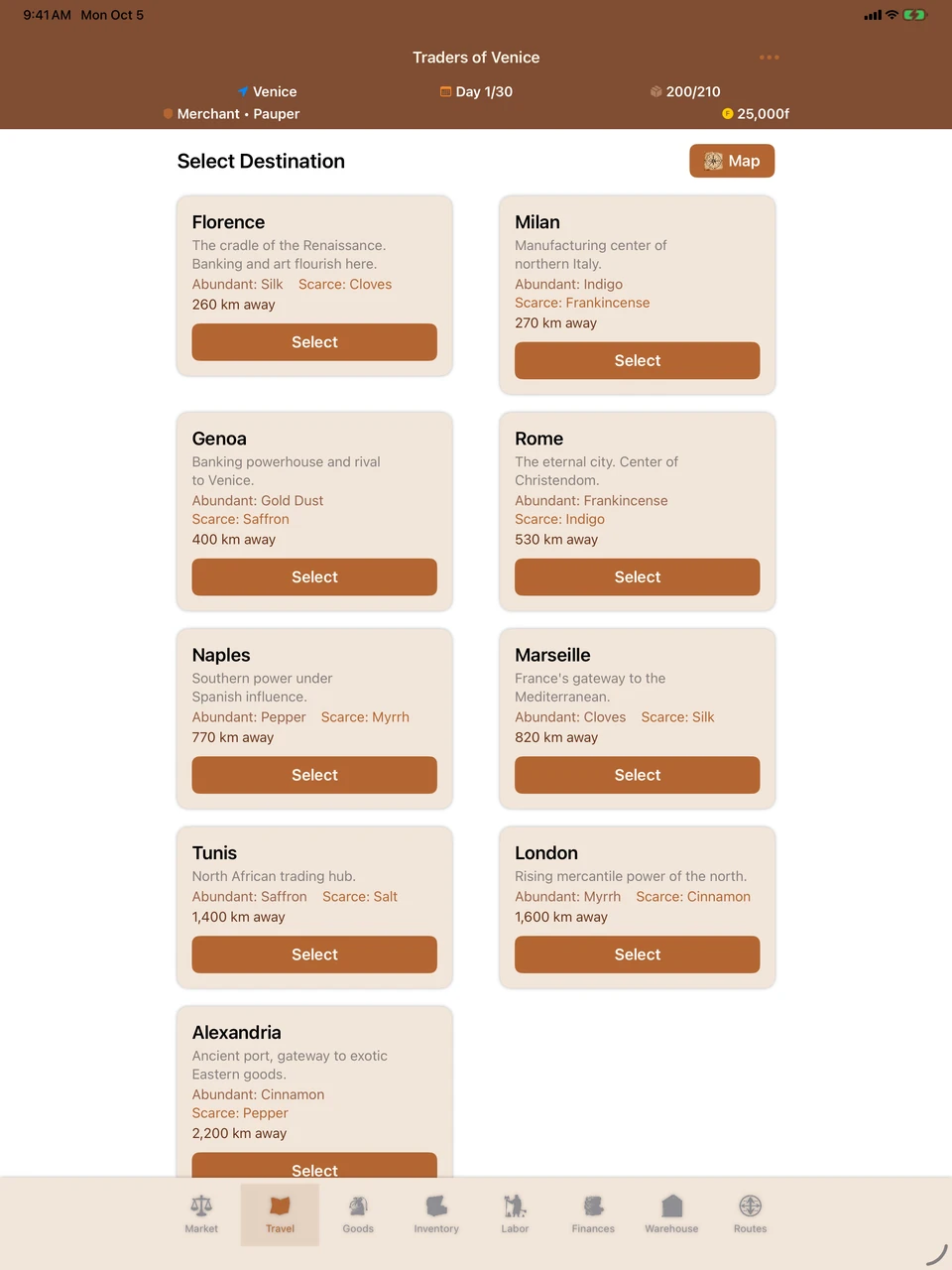 The travel screen on iPad, listing nine destinations from Venice with each city's abundant and scarce good and its distance.